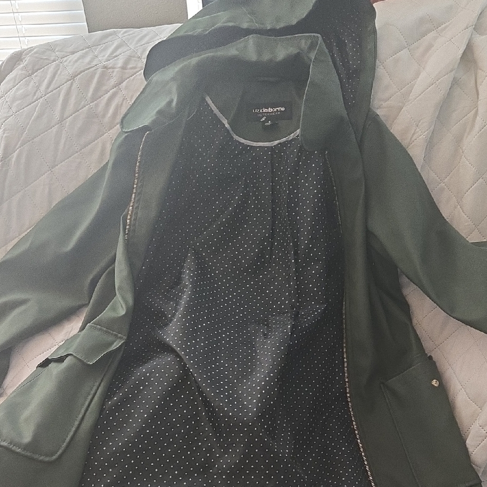 Liz Claiborne Dark Olive Green Trench Coat with Polka Dot Lining, Like New, Smal